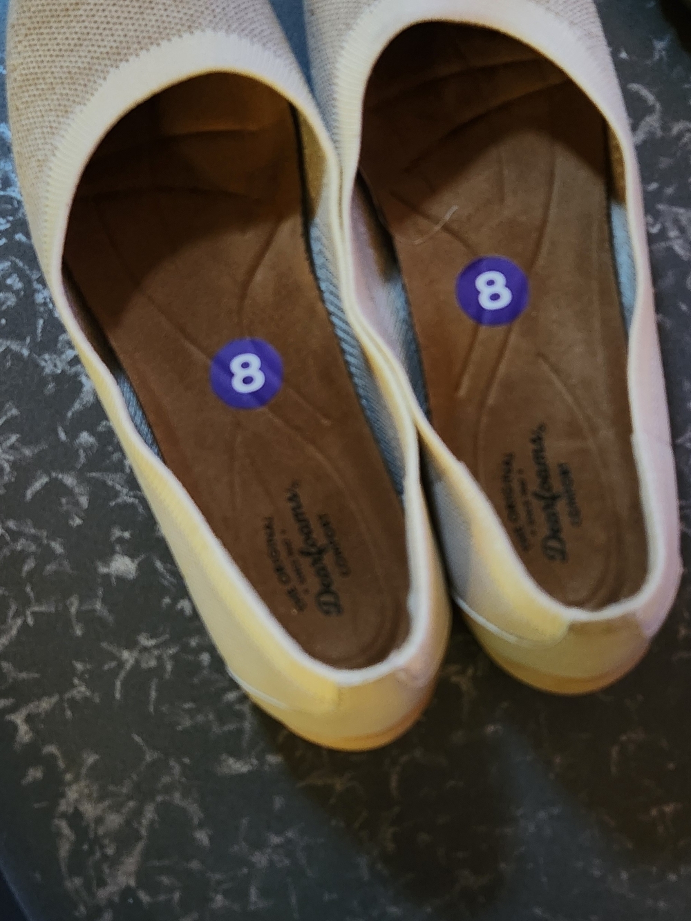Womens, Original Dearfoams Brand, Light Tan, Slip-On Cushioned Flat Shoes. 8.